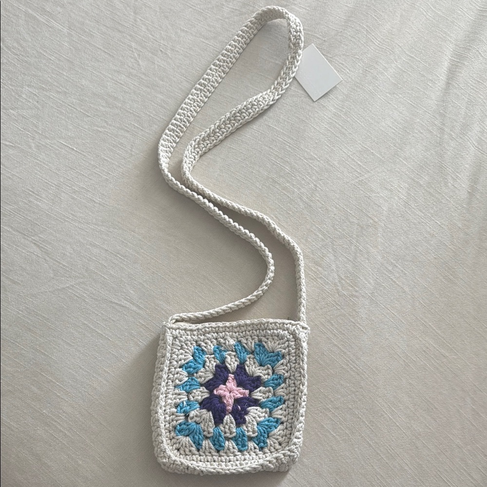 Handcrafted Crochet Crossbody Boho Festival Bag - Cream, Pink, Blue, and Purple